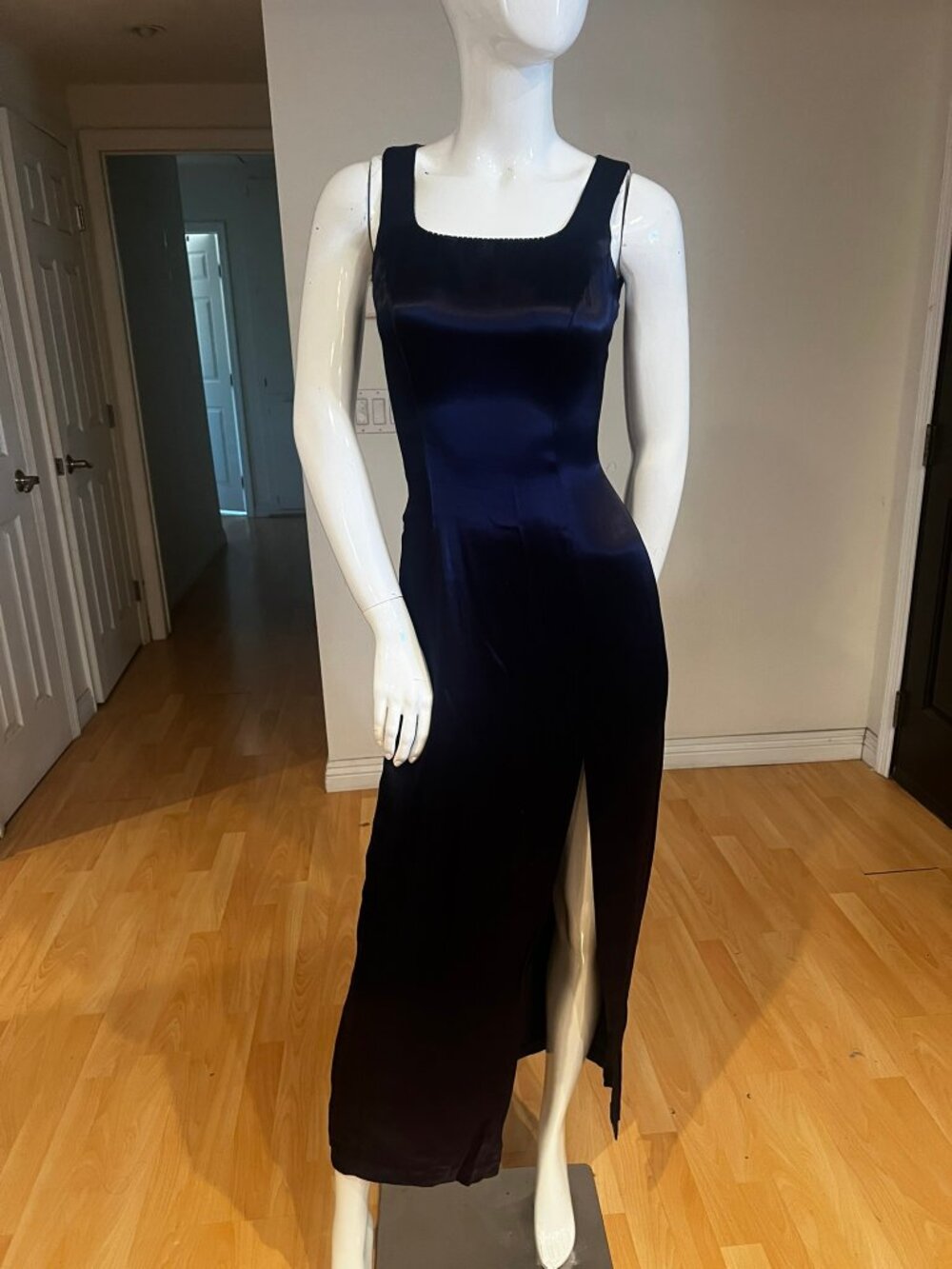 VINTAGE 90'S RAMPAGE IRRIDESCENT BLUE MAXI LIQUID SATIN DRESS SZ 5 / SMALL